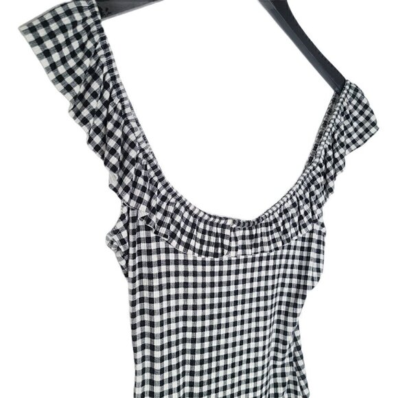 Forever 21 Black Plaid Ruffle Ribbed Knit Bodysuit - Picture 2 of 4
